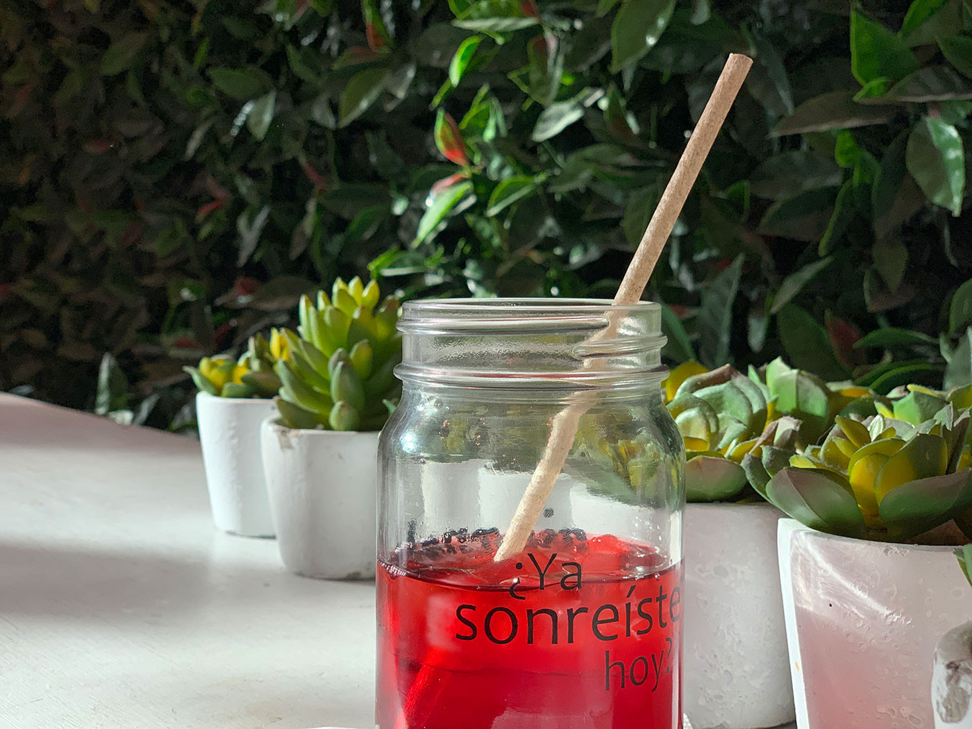 Agua de jamaica con popote biodegradable de fibra de agave